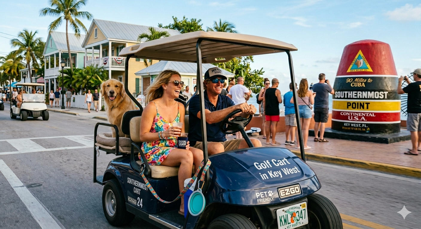 Dog riding in a golf cart in Key West
